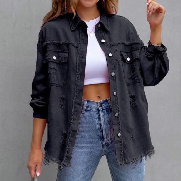 Button Front Jean Ripped Coat Black Size XL - Picture 1 of 6